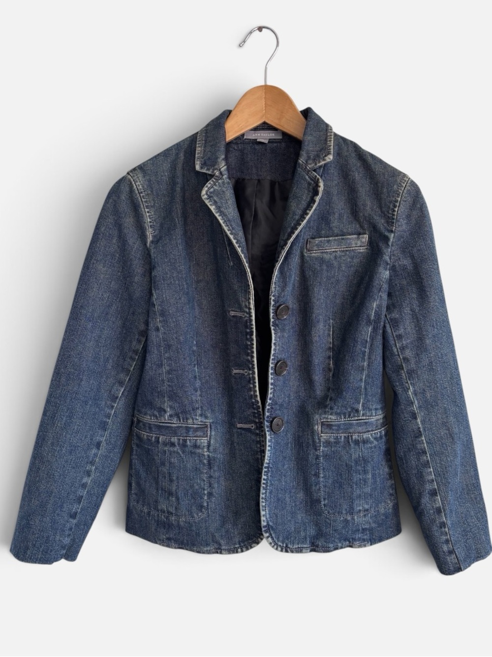 Ann Taylor Dark Wash Indigo Denim Structured Tailored Polished Blazer Jacket 4
